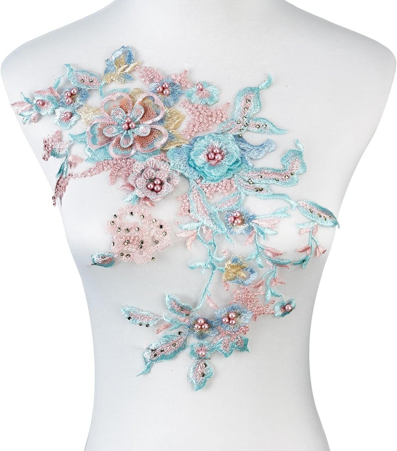 Silvora Colorful Flower Fabric Beaded Lace Applique,3D Embroidered Flower Fabric Patch for Bridal Dress, Handmade Sewing Tool for Wedding DIY Crafts(Blue-2) - Image 1